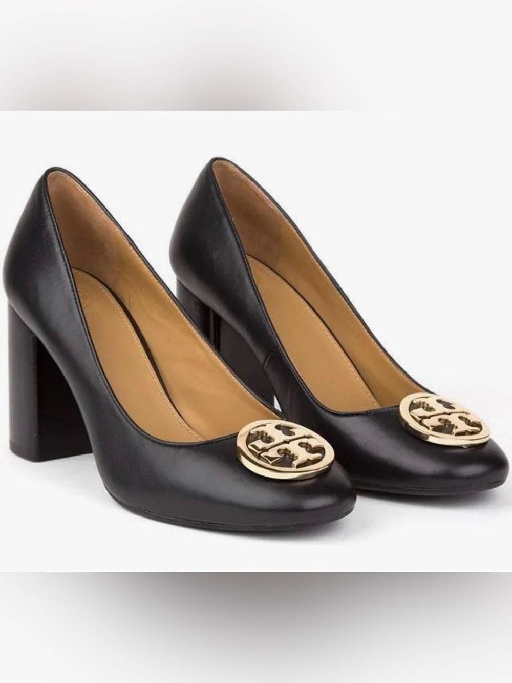 Tory Burch Black Leather Block Heel Pumps with Gold Logo SZ.6